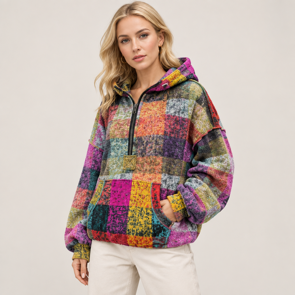 Multicolored half-zip fleece hoodie, three-quarter view