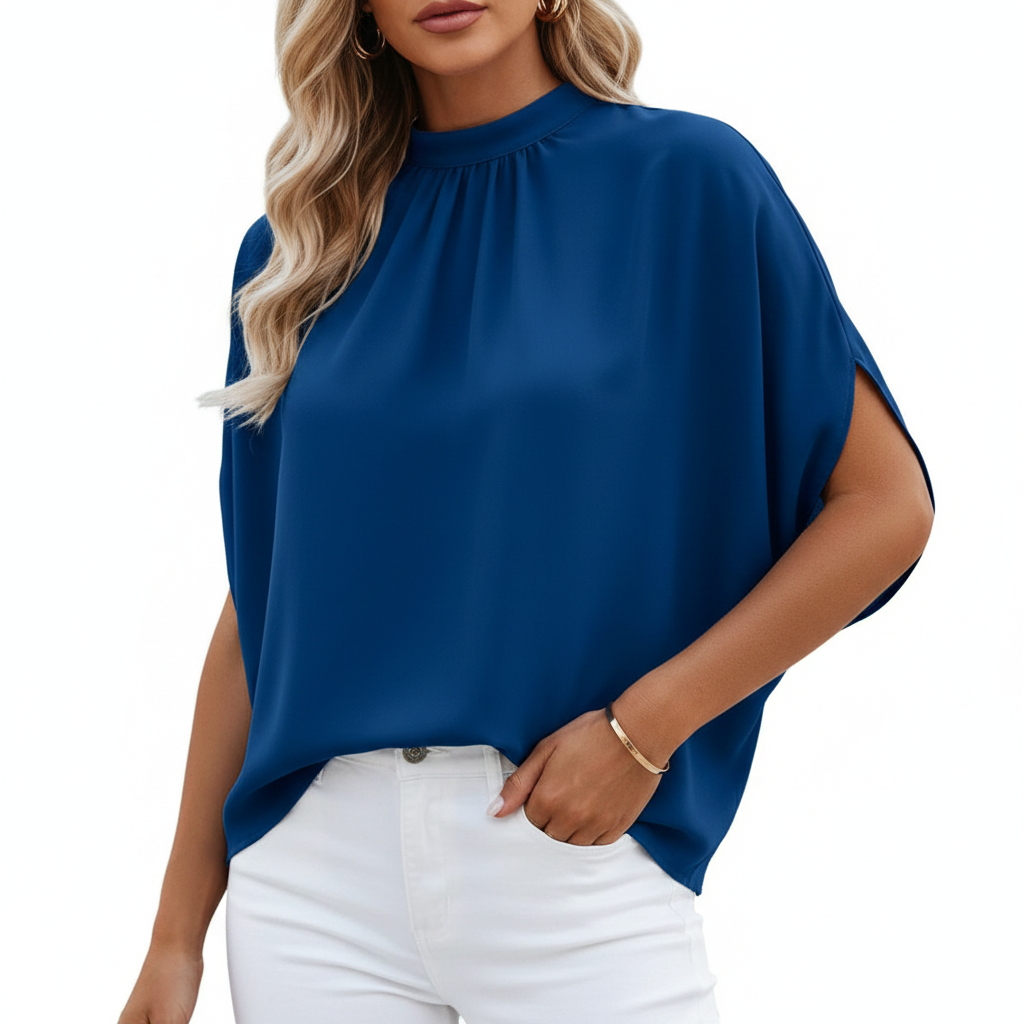 Royal Blue Tie Back Slit Half Sleeve Blouse - Product Shot