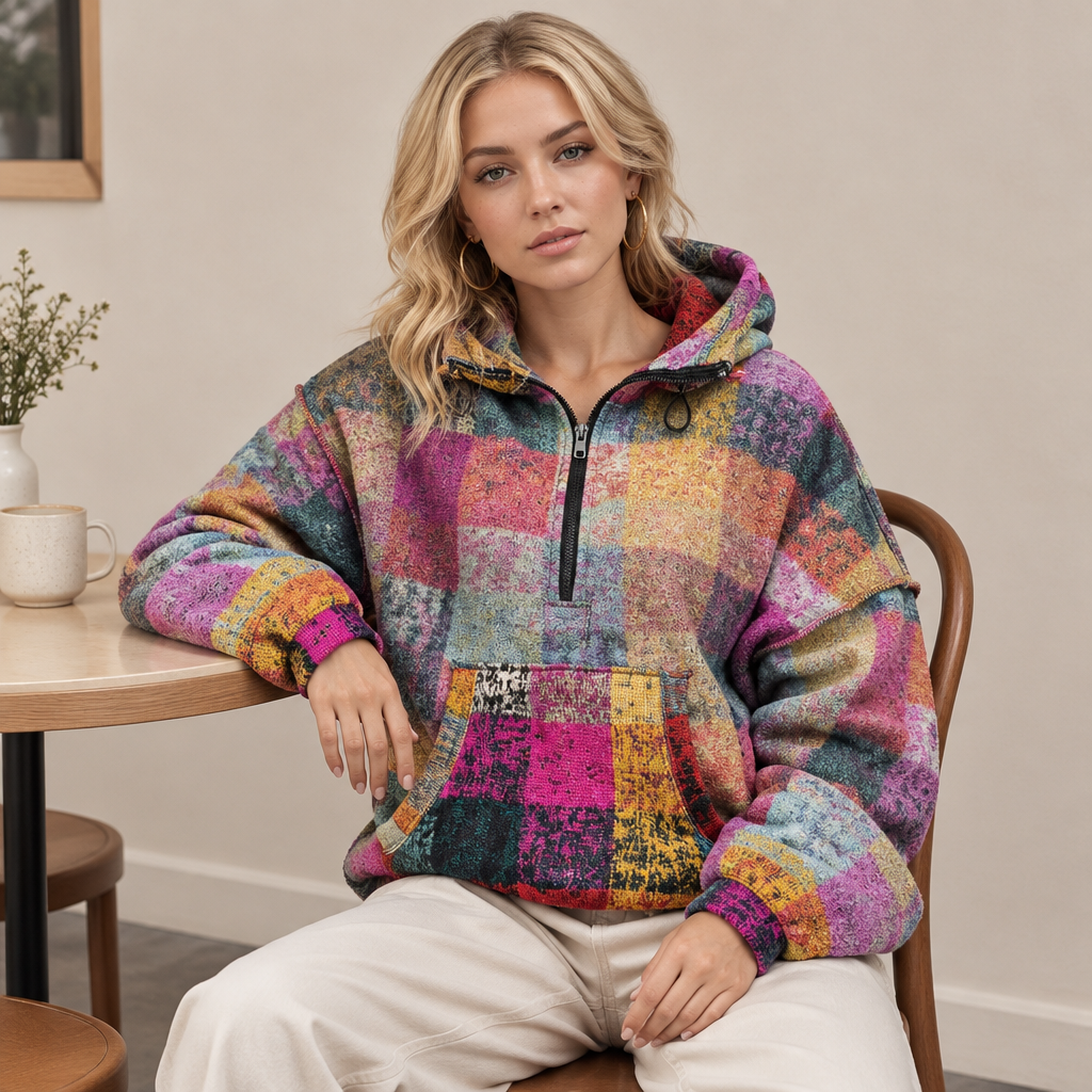 Multicolored half-zip fleece hoodie, cafe