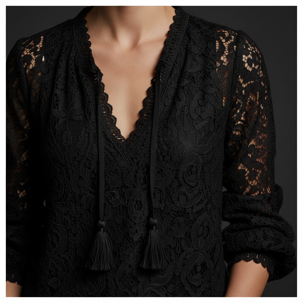 Black Lace Tie-Neck Blouse - Detail