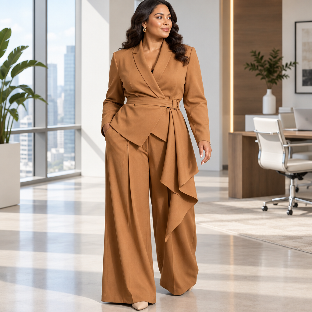 Plus-size caramel belted blazer and wide-leg pants set styled in a modern office