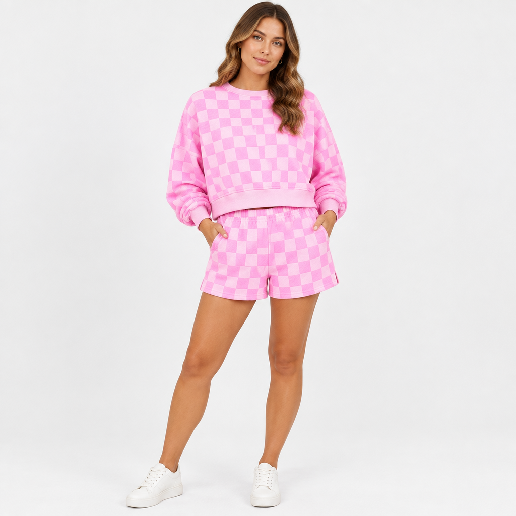 Pink checkerboard top and shorts set, studio detail