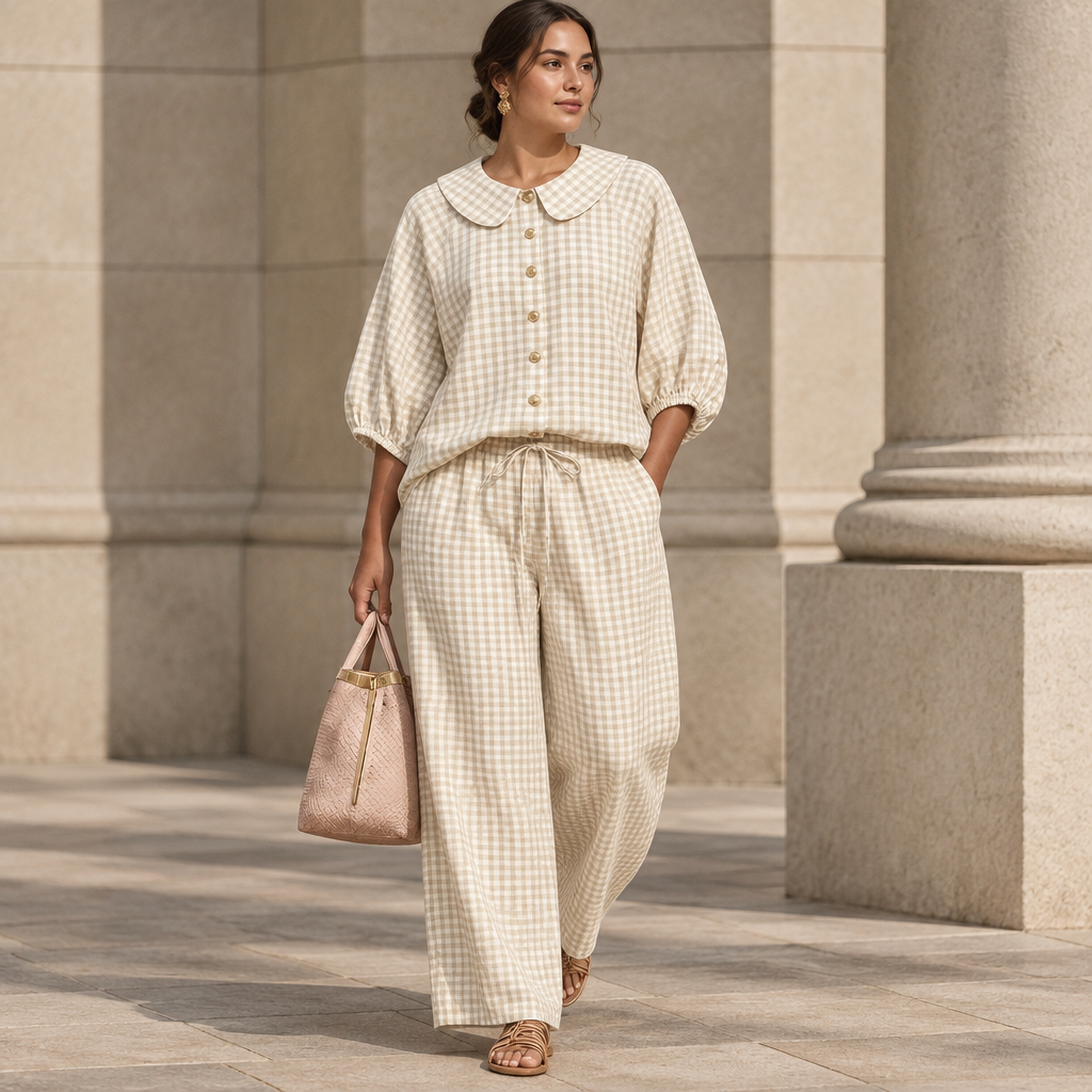 Khaki plaid button-up shirt and matching pants set in a stone architectural setting