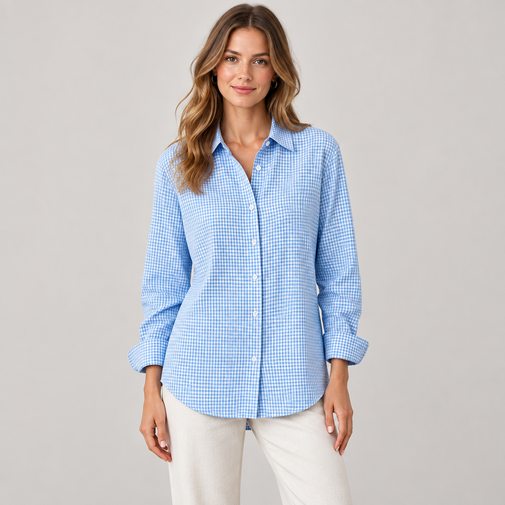 Sky blue plaid button-up shirt on a slim adult model, studio