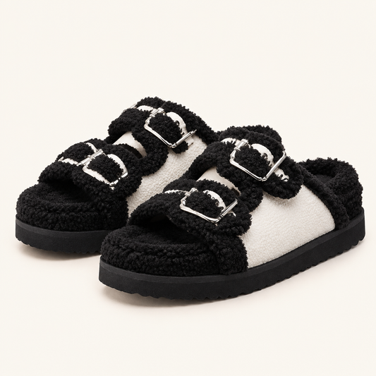 Black buckle decor plush lined platform slippers, studio view
