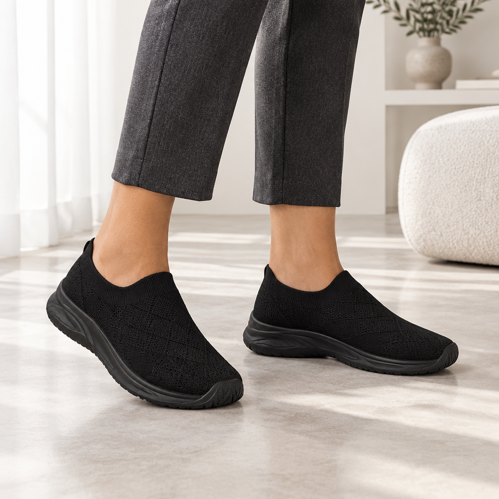 Black breathable mesh round toe shoes styled with trousers