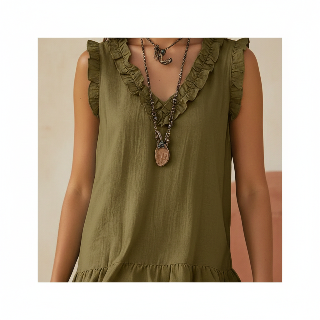 Khaki Ruffled Hem V-Neck Sleeveless Dress - Detail