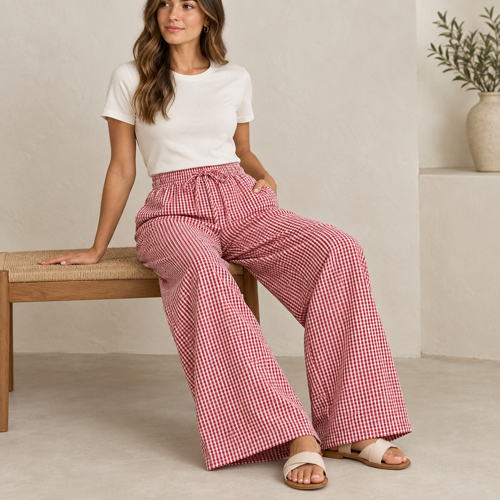 Red gingham wide-leg pants, seated