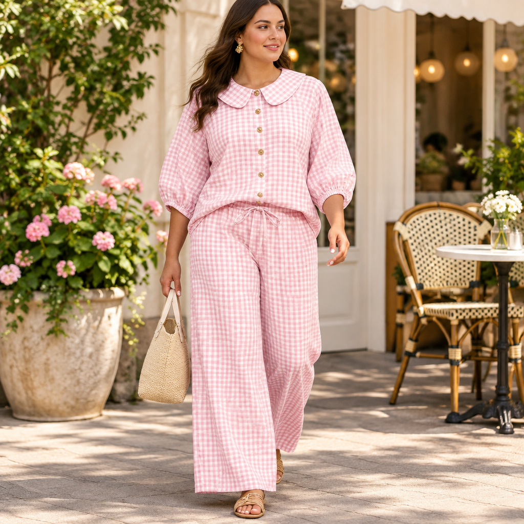 Pink plaid button-up shirt and matching pants set outside a cafe
