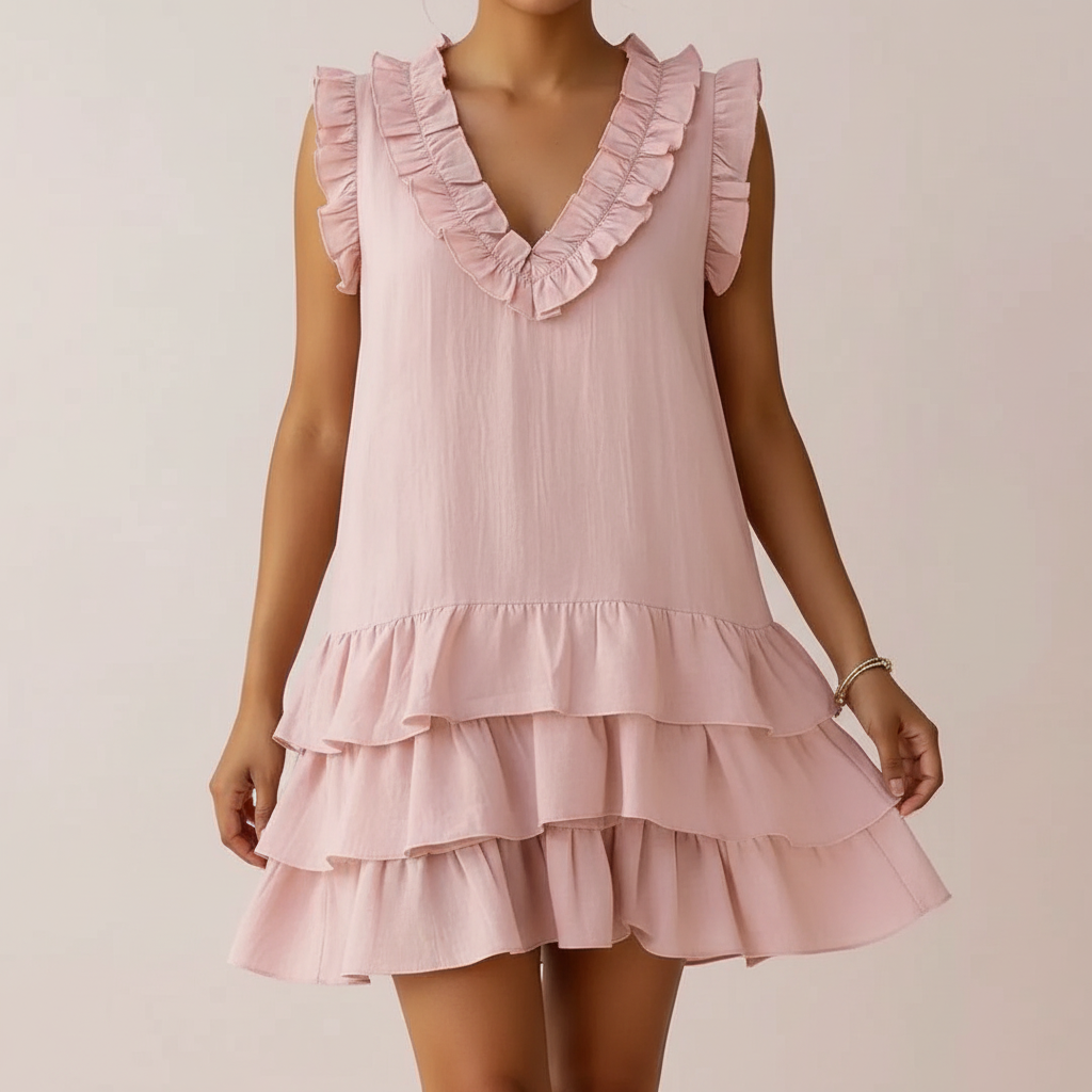 Pink Ruffled Hem V-Neck Sleeveless Dress - Detail