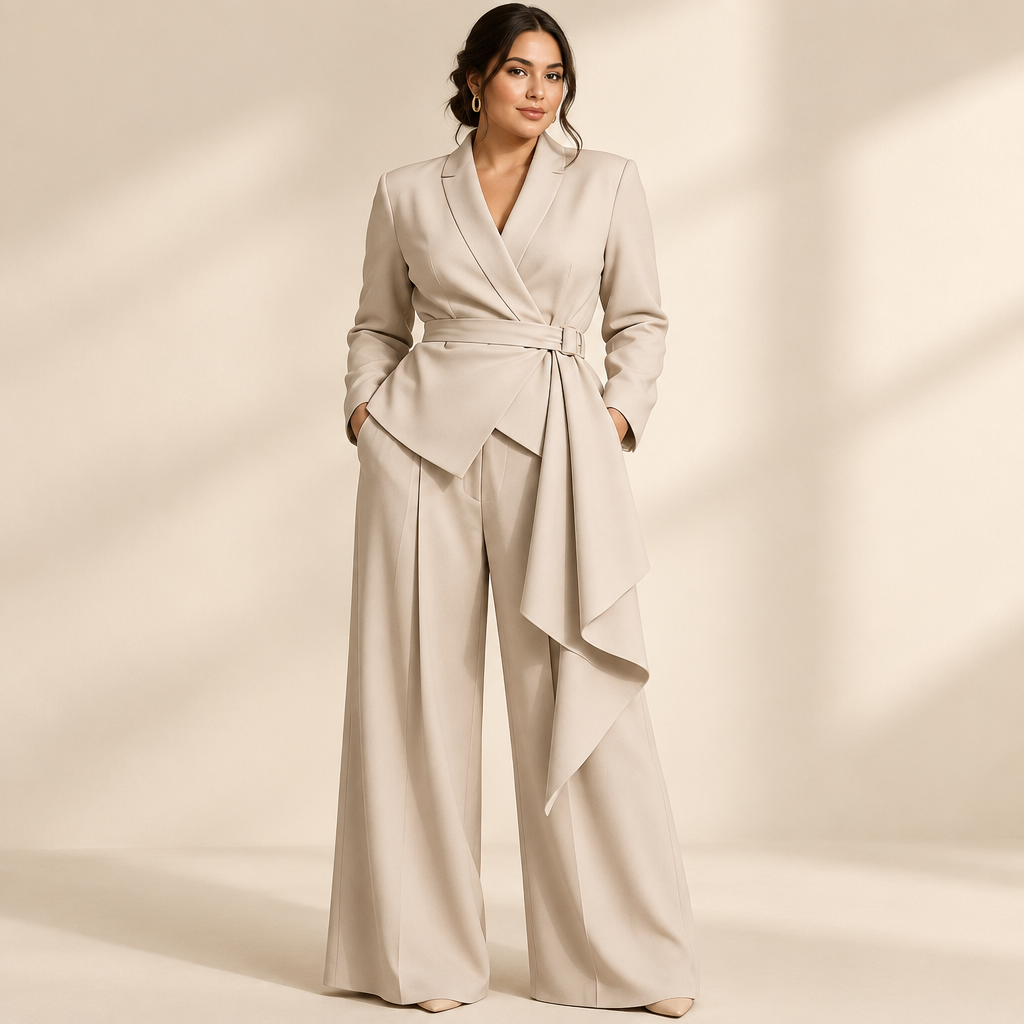 Plus-size beige belted blazer and wide-leg pants set in a studio front view