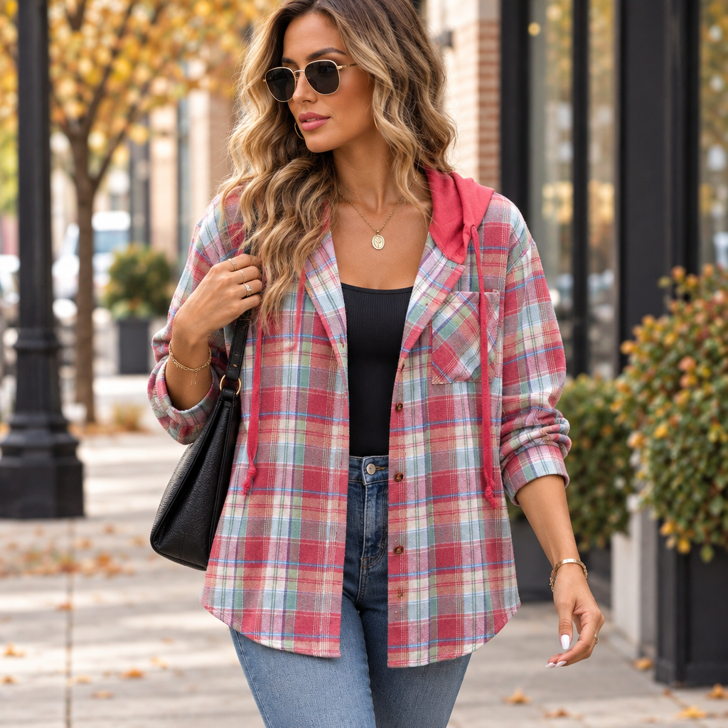 Red plaid button-up hooded shirt styled on an autumn city street