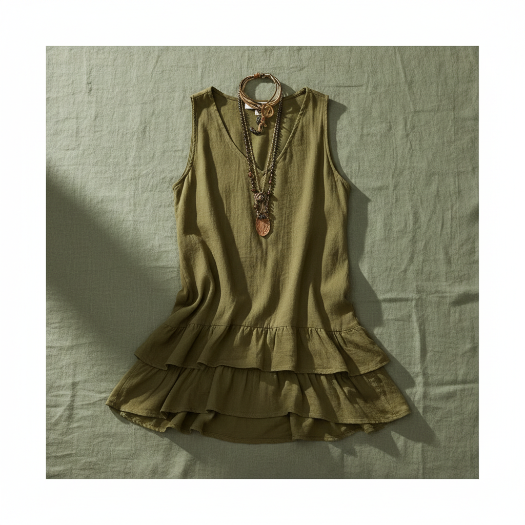 Green Ruffled Hem V-Neck Sleeveless Dress - Flat Lay