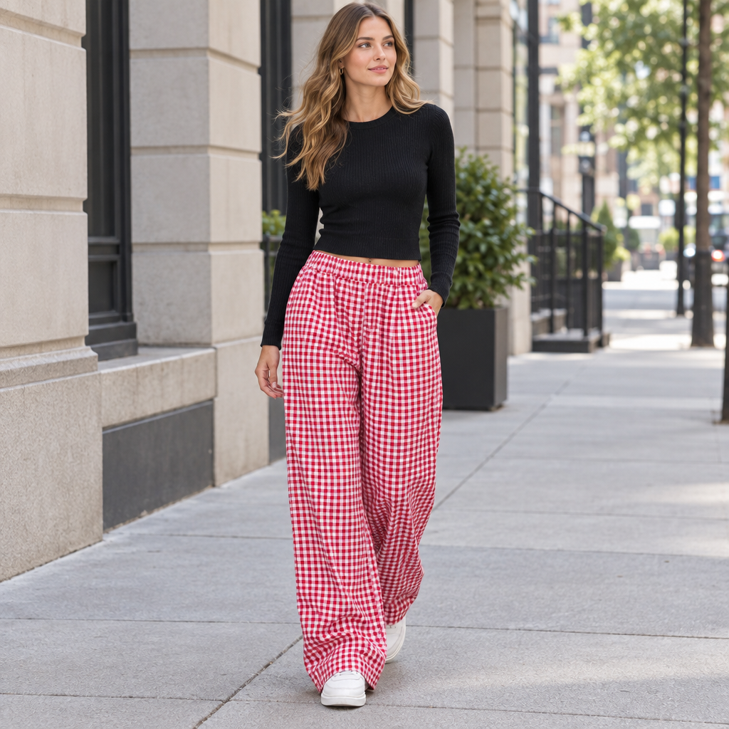 Red plaid wide-leg casual pants styled on a city sidewalk
