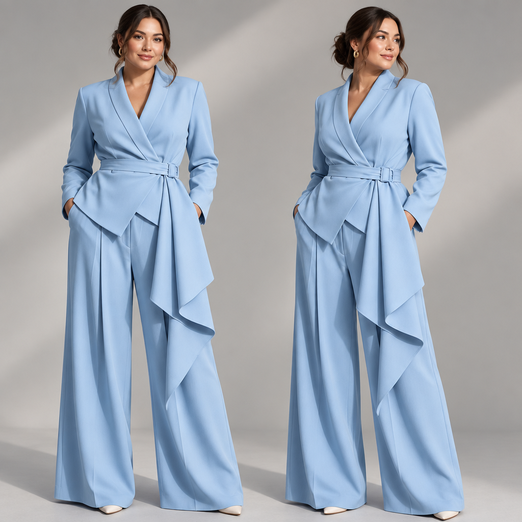 Plus-size light blue belted blazer and wide-leg pants set in a premium campaign view