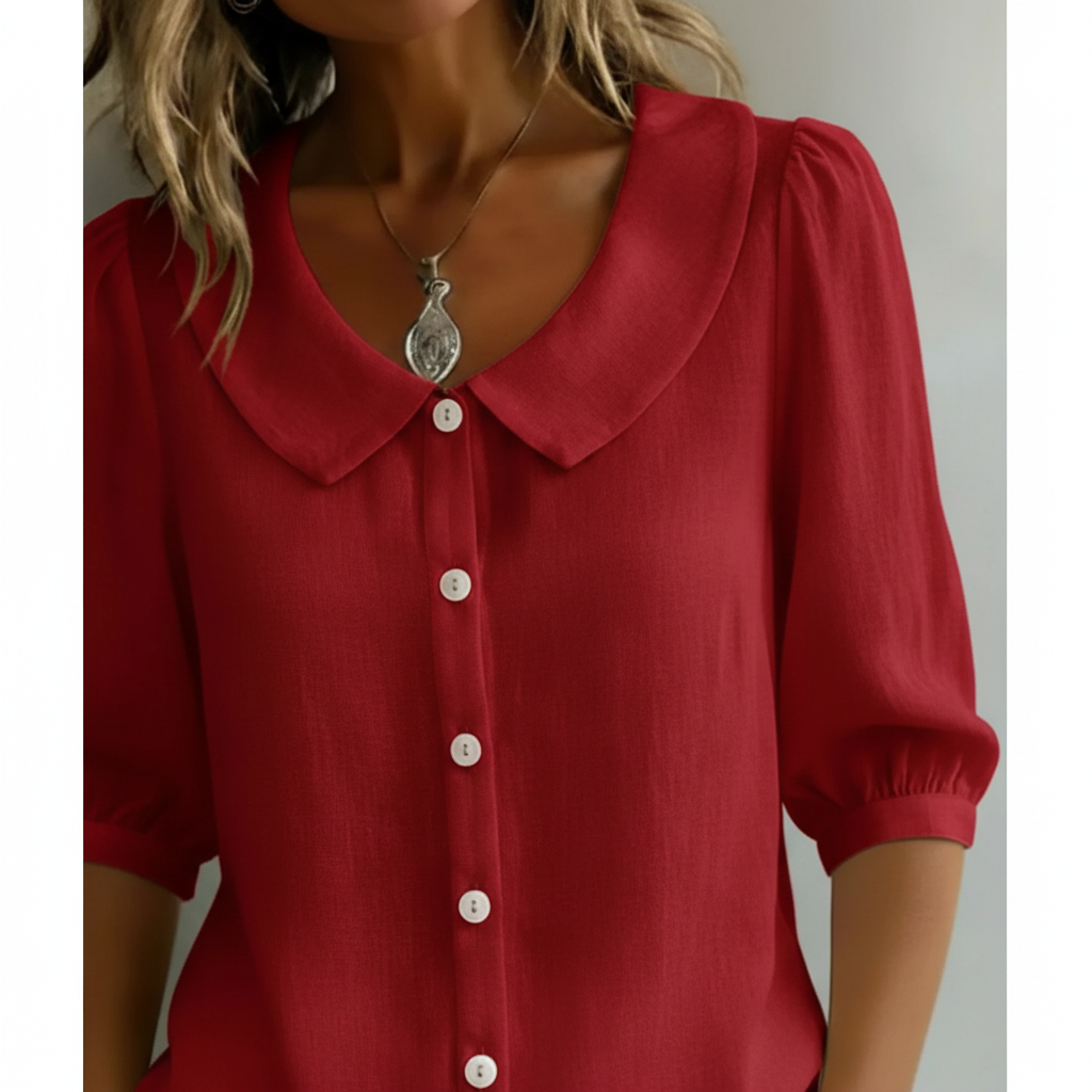 Red Peter Pan collar shirt - collar detail close-up