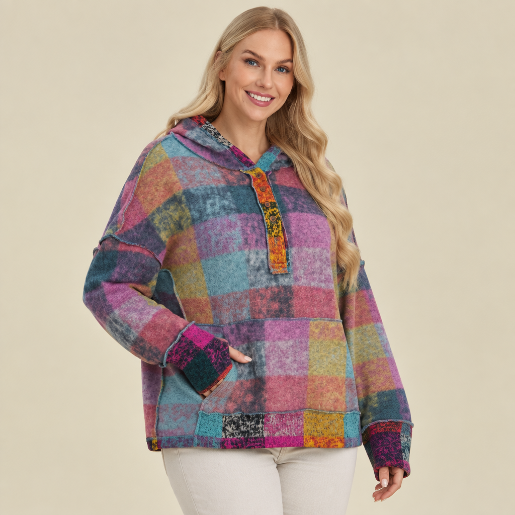 Heliotrope purple plaid dropped-shoulder fleece hoodie, three-quarter
