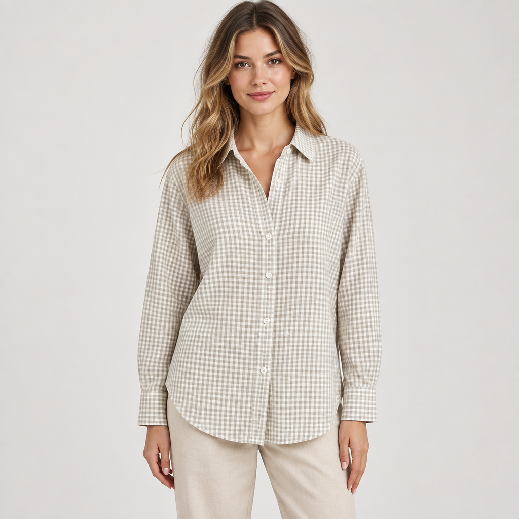 Off-white plaid button-up shirt on a slim adult model, studio