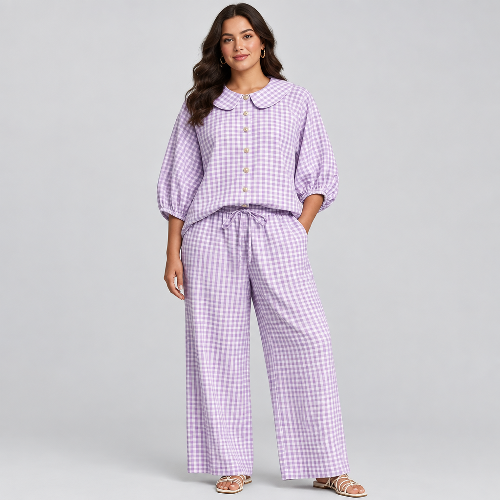 Purple plaid button-up shirt and matching pants set in a studio view