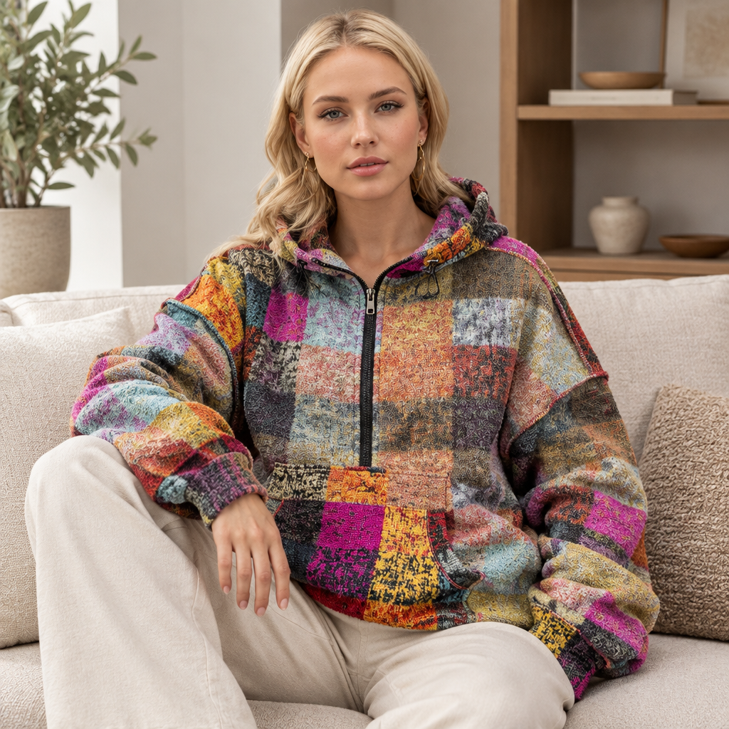 Tangerine half-zip fleece hoodie, seated