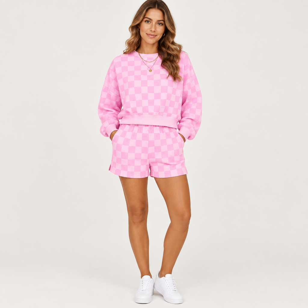 Pink checkerboard top and shorts set, studio front