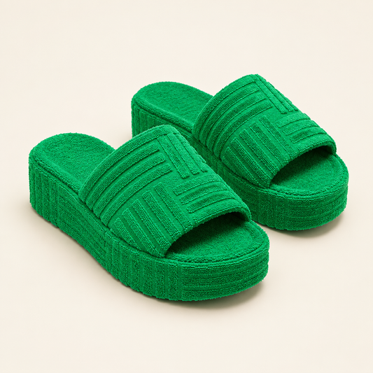 Green open toe platform slippers, studio view