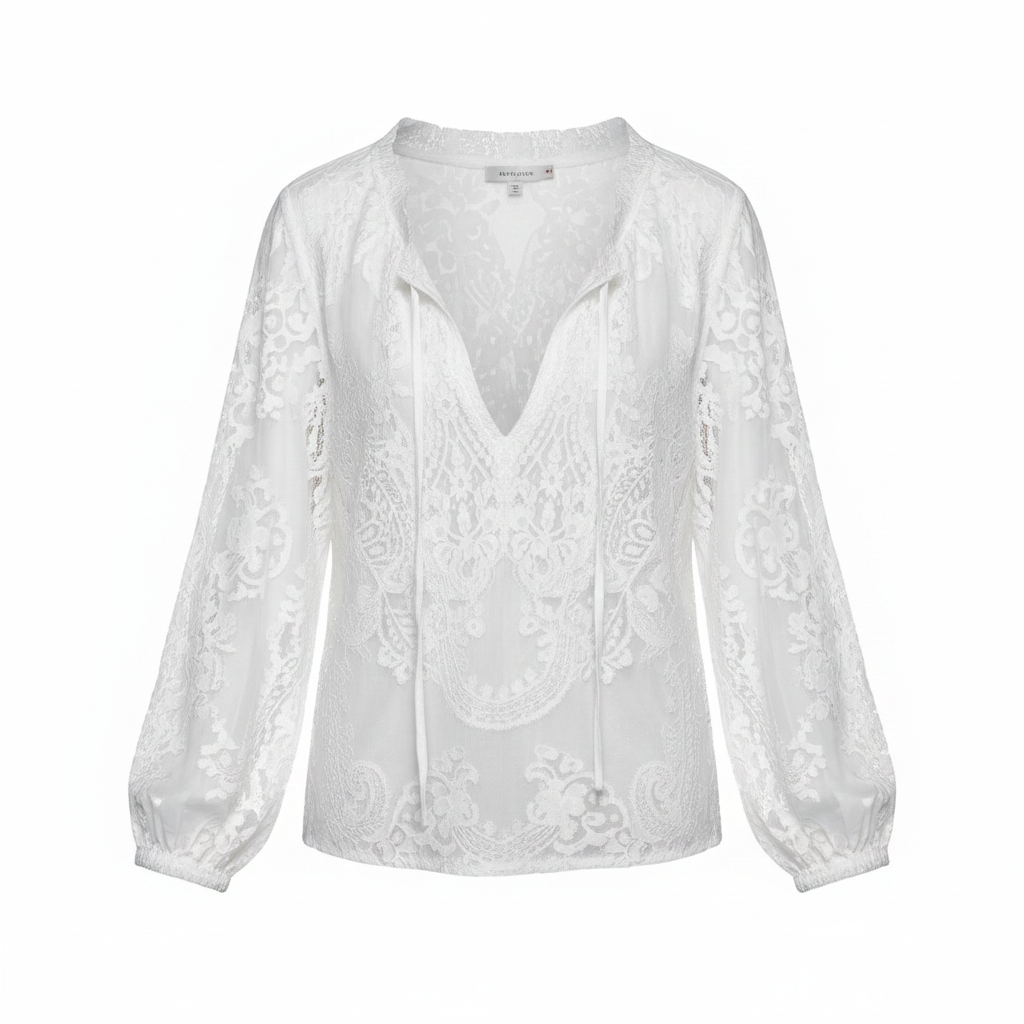 White Lace Tie-Neck Blouse - Product Shot