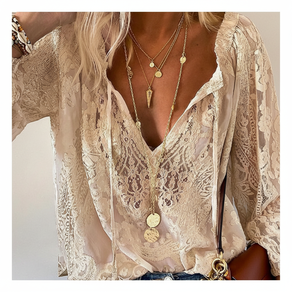 Khaki Lace Tie-Neck Blouse - Detail