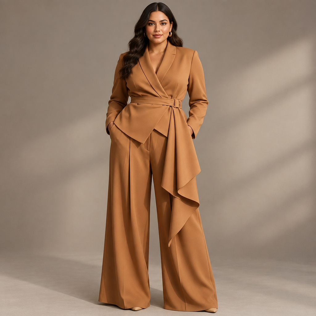Plus-size caramel belted blazer and wide-leg pants set in a studio front view