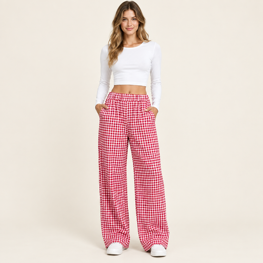 Red plaid wide-leg casual pants in a full-length studio view