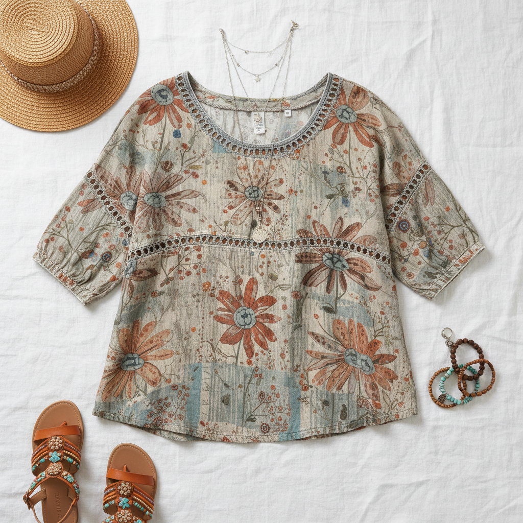 Khaki boho floral hollow-out round neck top - flat lay with accessories