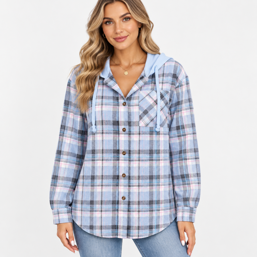 Light blue plaid button-up hooded shirt with chest pocket in a studio view