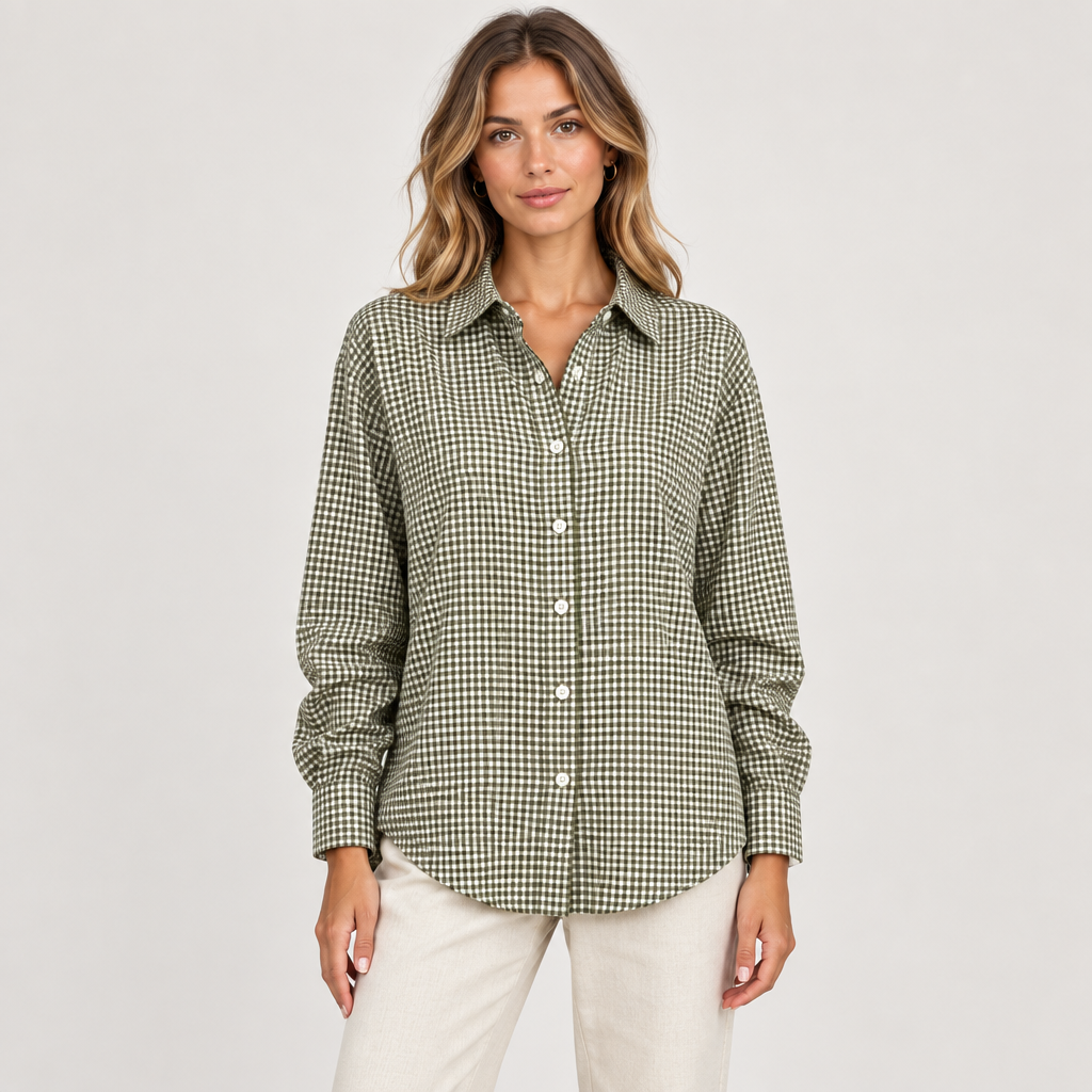 Khaki plaid button-up shirt on a slim adult model, studio