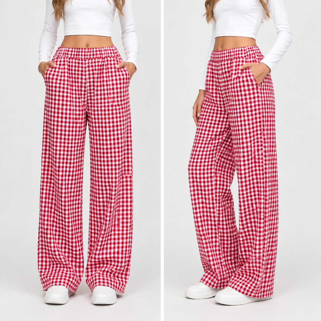 Red plaid wide-leg casual pants in a clear ecommerce product view