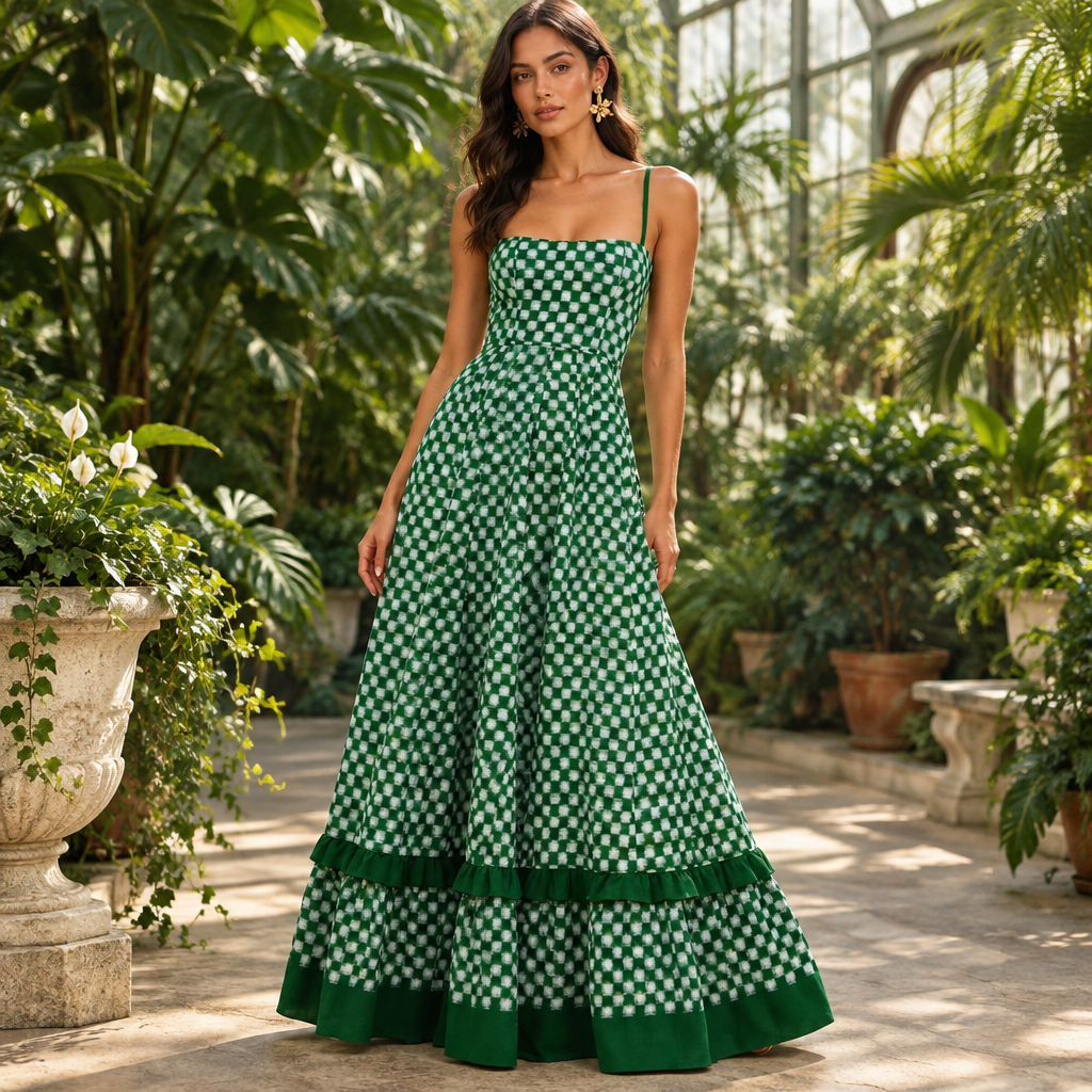 Green checkered spaghetti strap maxi dress in a botanical conservatory