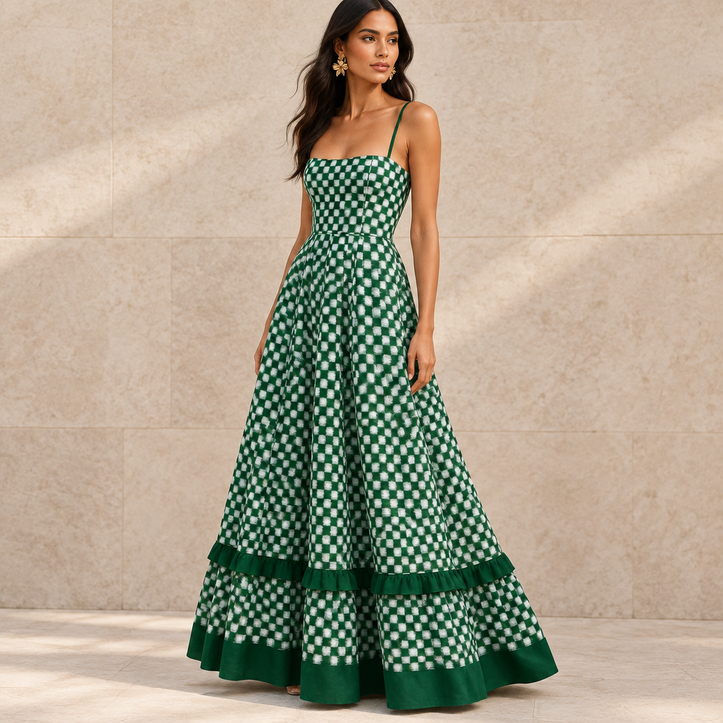 Green checkered spaghetti strap maxi dress against a minimal stone backdrop