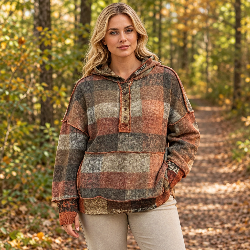 Tangerine plaid dropped-shoulder fleece hoodie, woodland