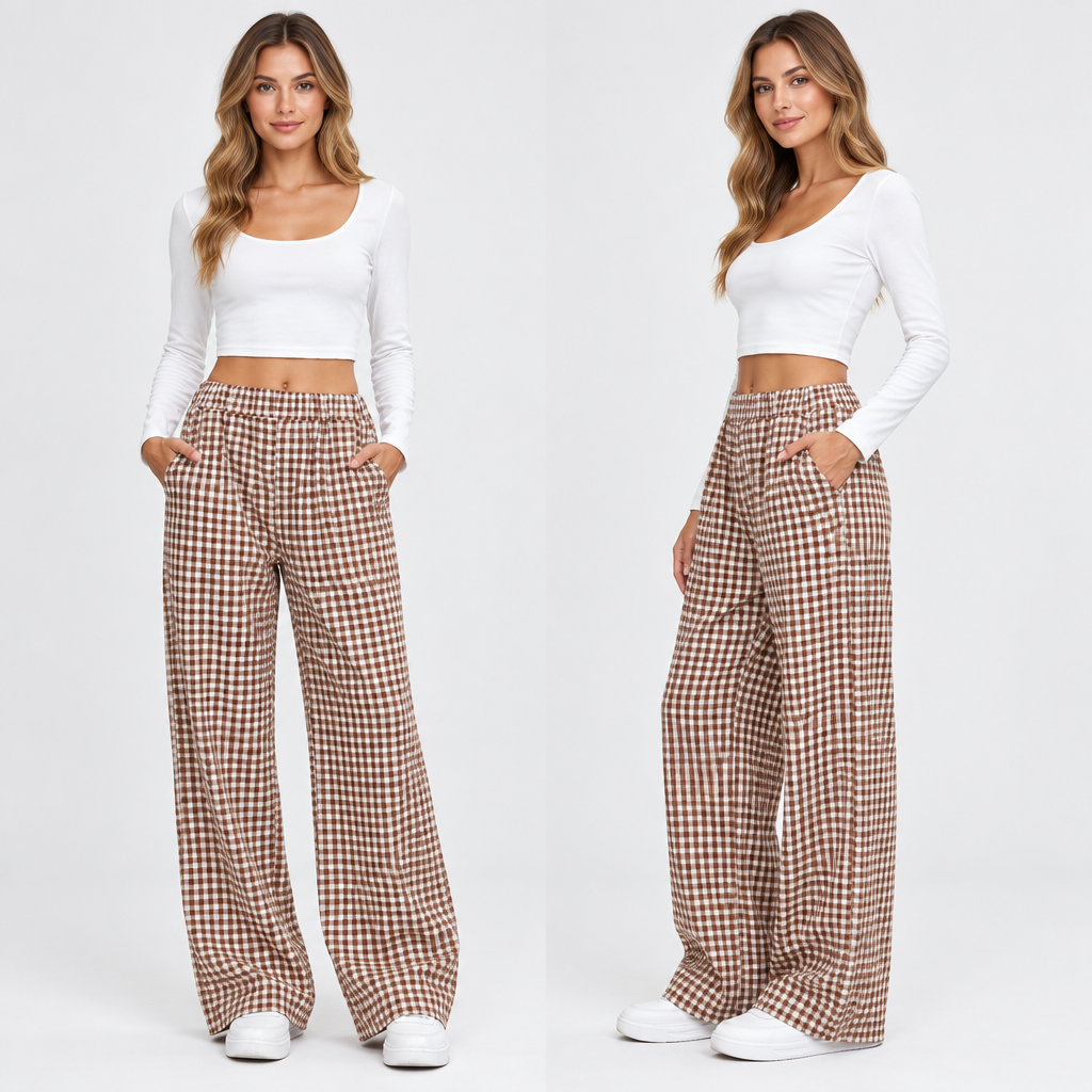 Brown plaid wide-leg casual pants in a clear ecommerce product view