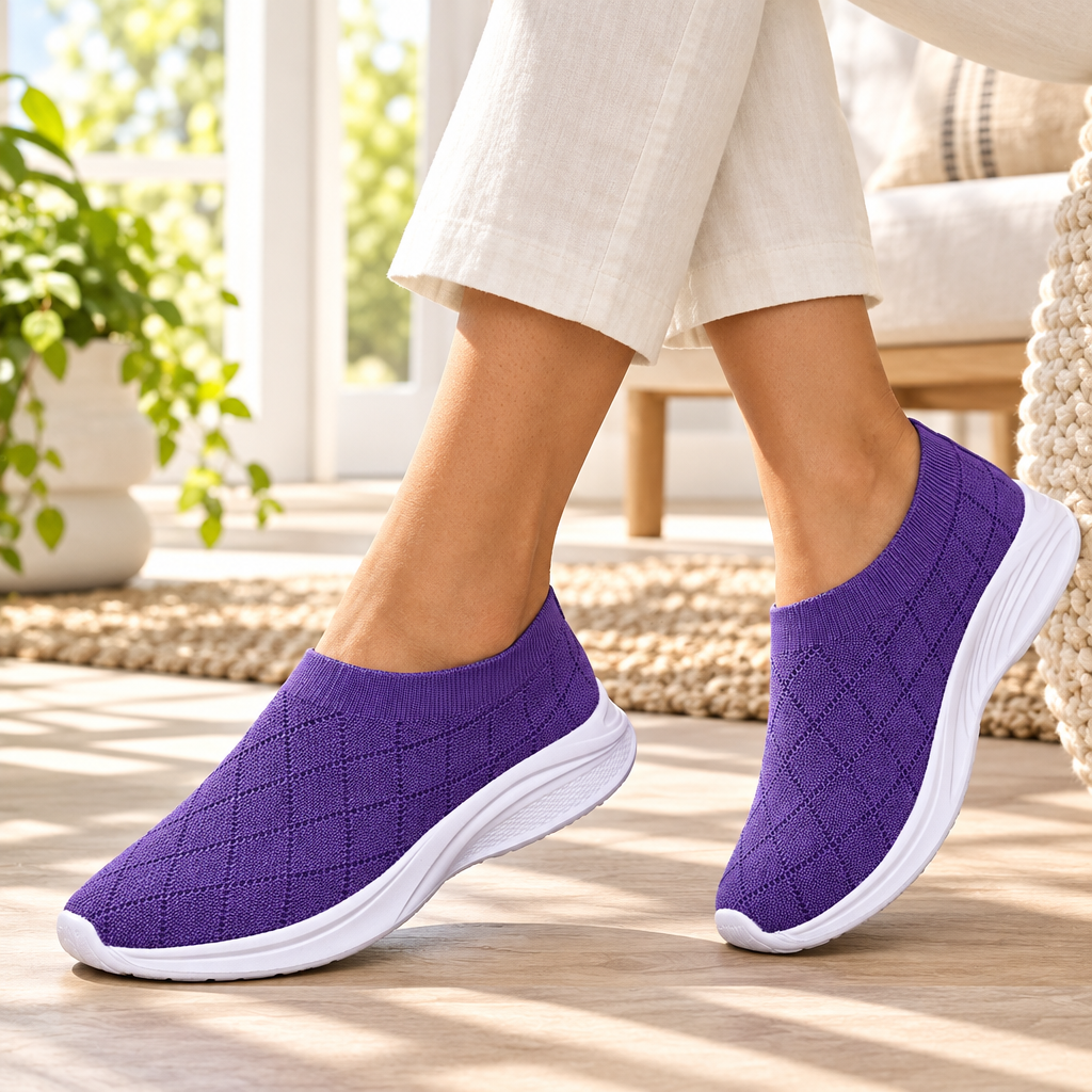 Purple breathable mesh round toe shoes styled with trousers