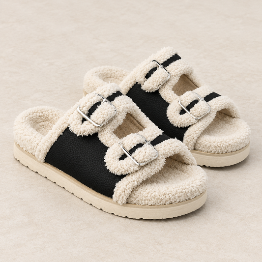 Beige buckle decor plush lined platform slippers, studio view