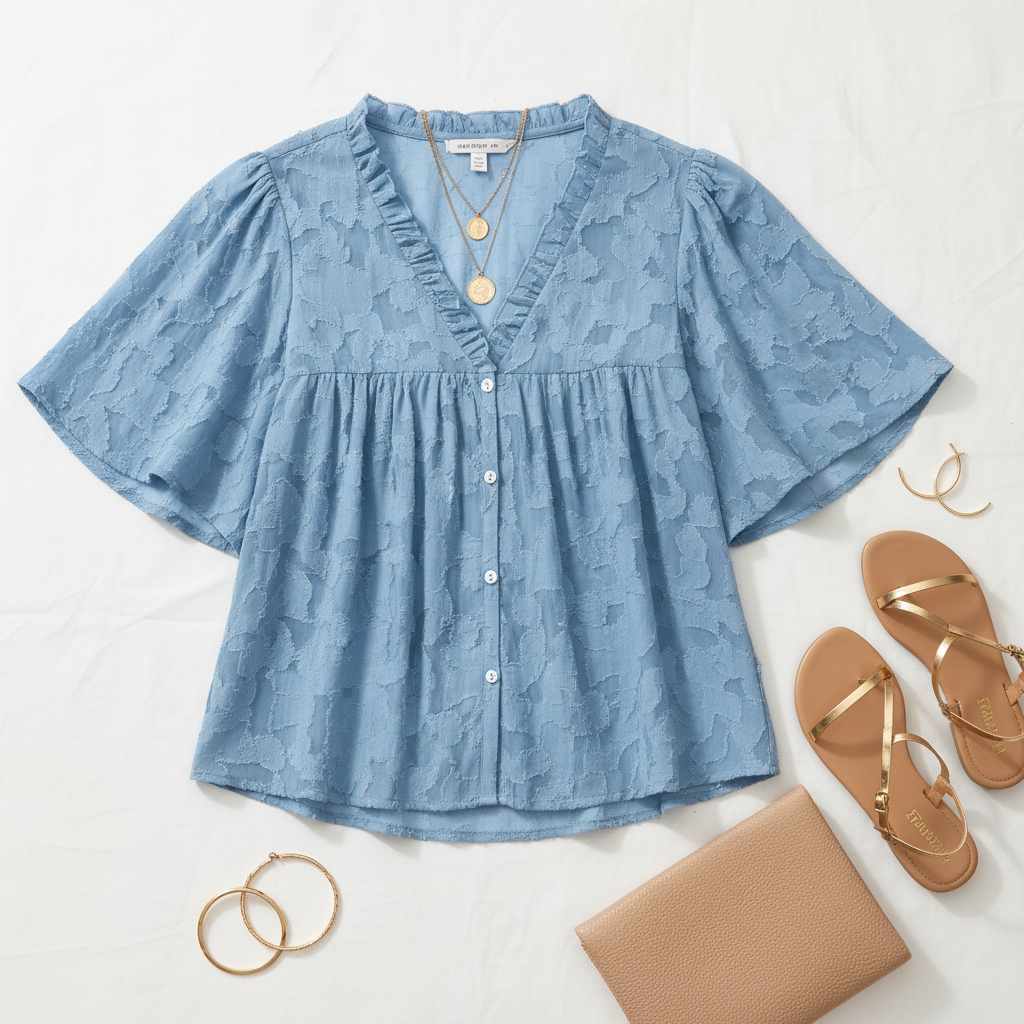 Blue textured V-neck button-down shirt - flat lay with accessories
