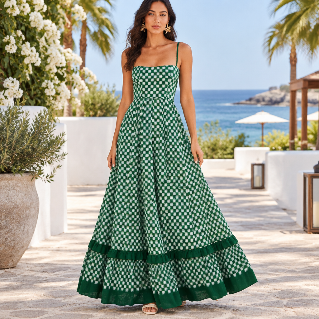 Green checkered spaghetti strap maxi dress styled at a coastal resort