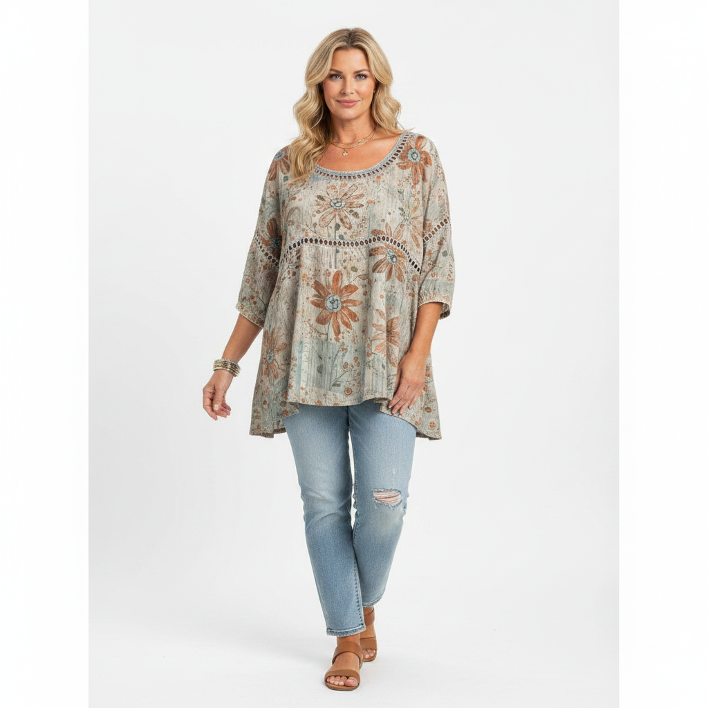 Khaki boho floral hollow-out round neck top - studio front view