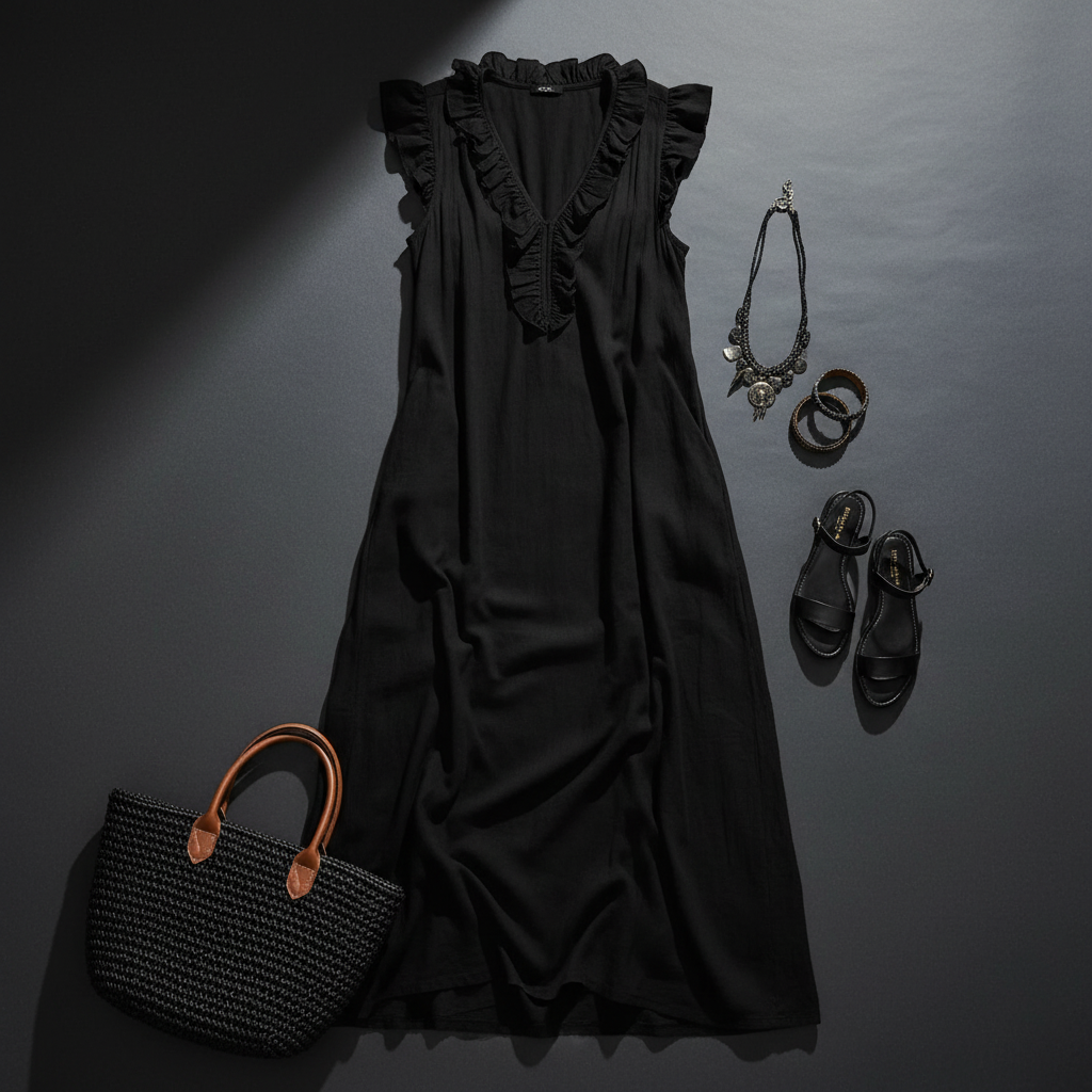 Black Ruffled V-Neck Maxi Dress - Flat Lay