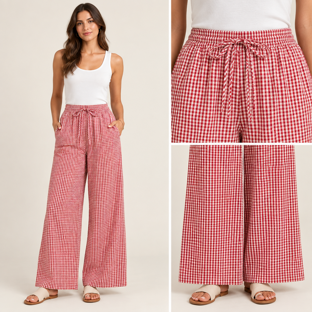 Red gingham wide-leg pants, studio detail