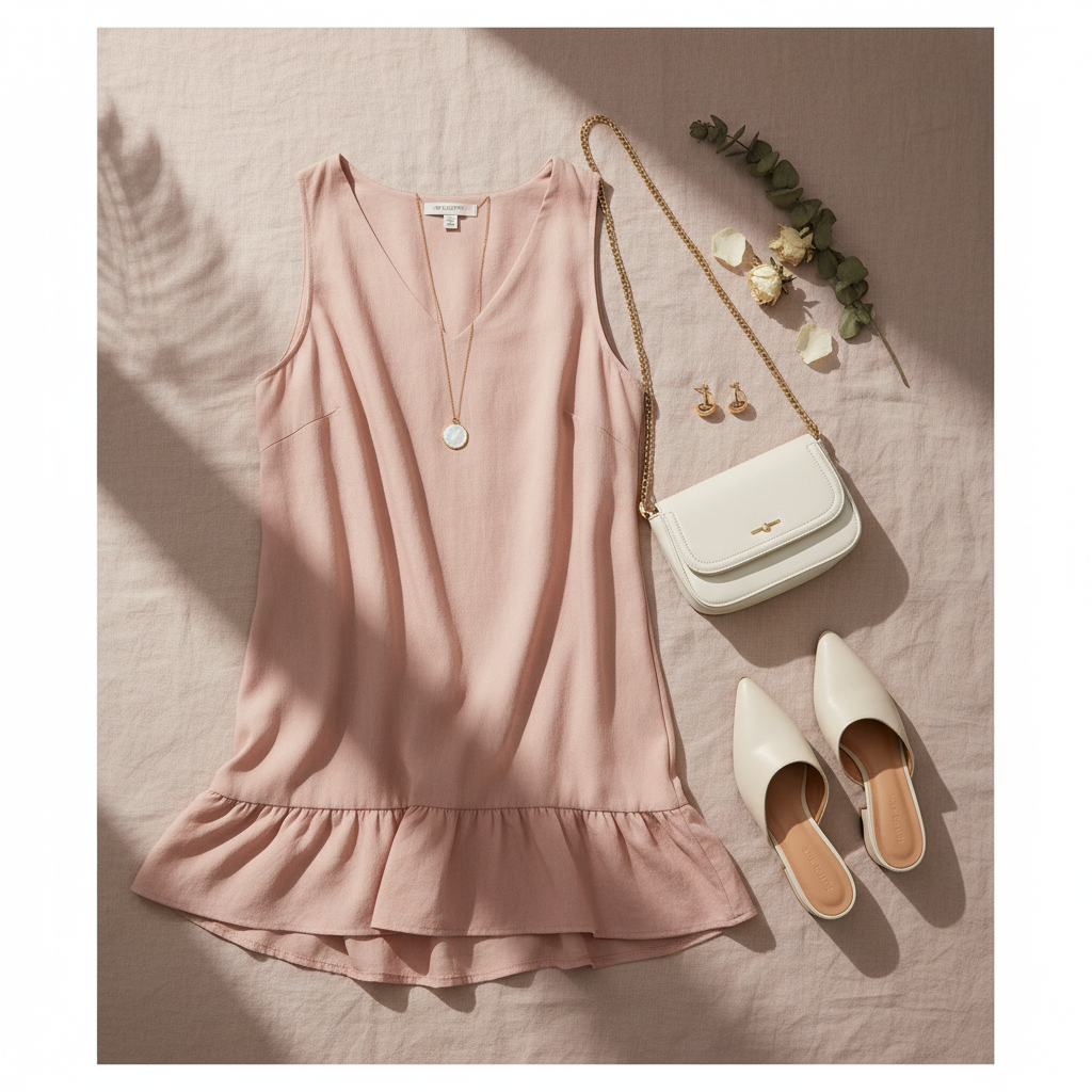 Pink Ruffled Hem V-Neck Sleeveless Dress - Flat Lay