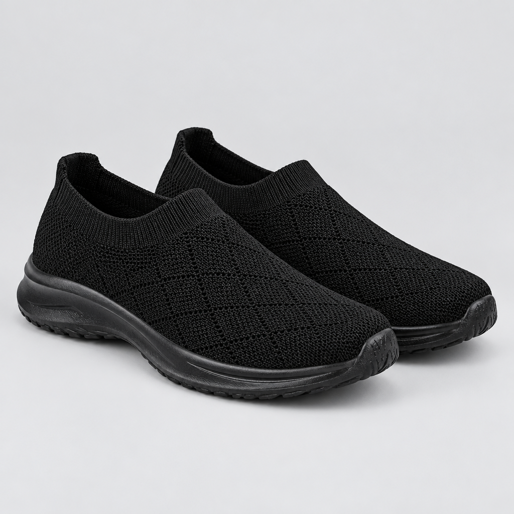 Black breathable mesh round toe shoes, studio view