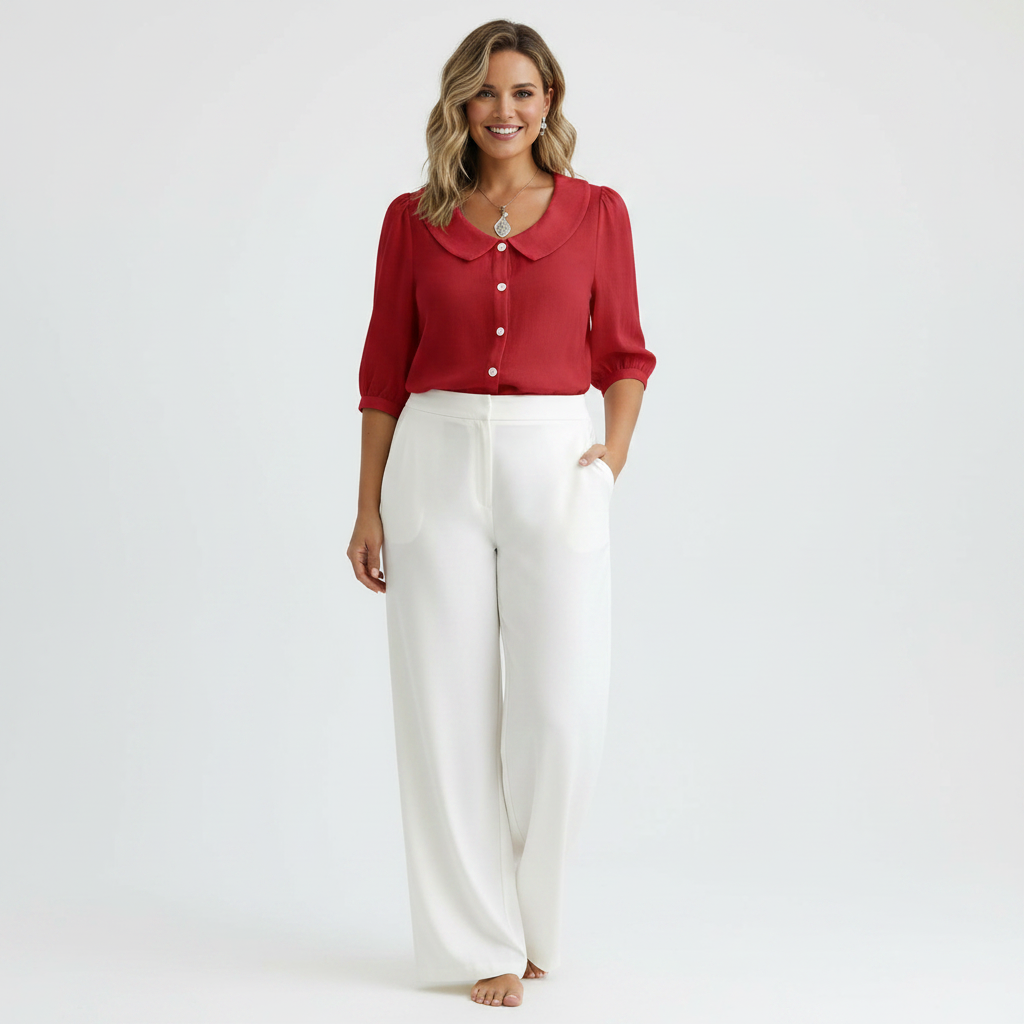 Red Peter Pan collar shirt - studio front view
