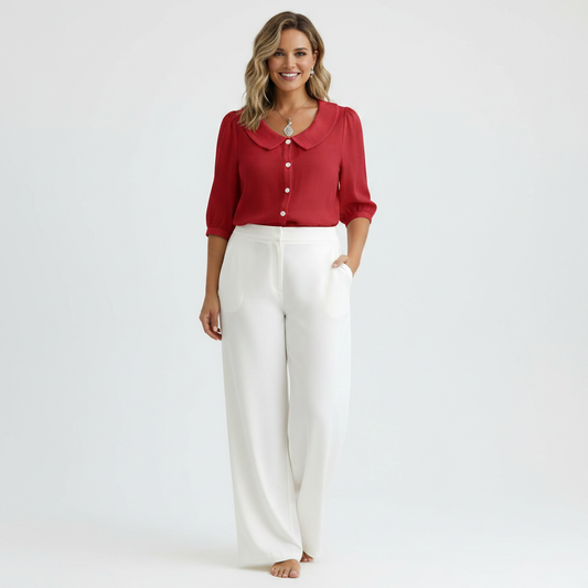 Red Peter Pan collar shirt - studio front view