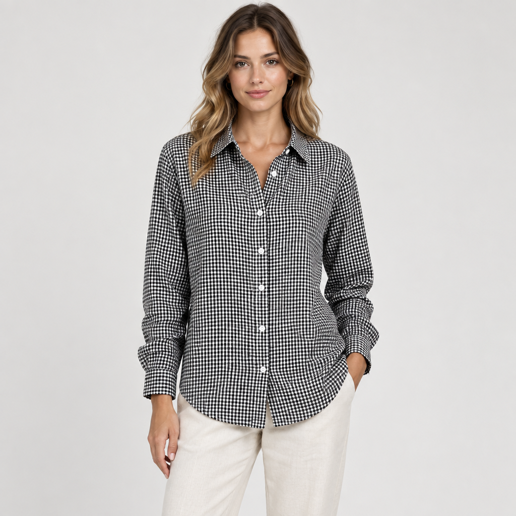 Black plaid button-up shirt on a slim adult model